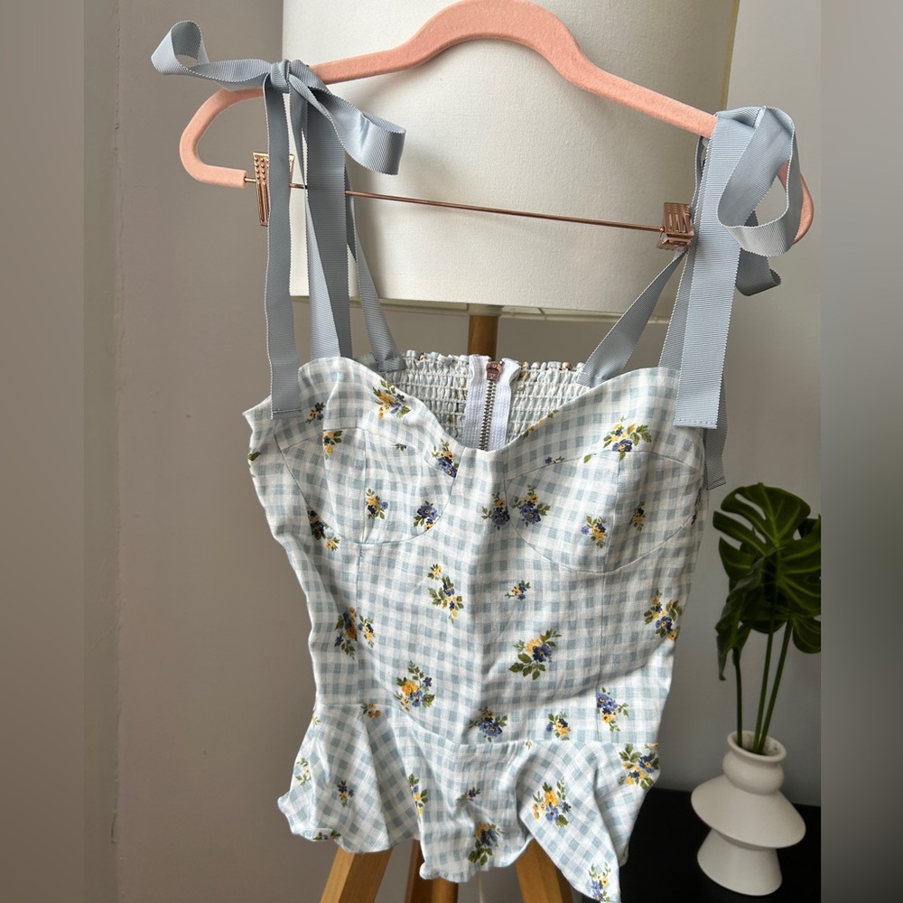 Reformation Linen Blue Gingham Floral Top